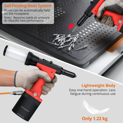 Professional Pneumatic Rivet Nut Gun Featuring Automatic Self Suction Loading And Four Quick Swap Nosepieces For Smooth Single Hand Operation, lightweight and ergonomic design.