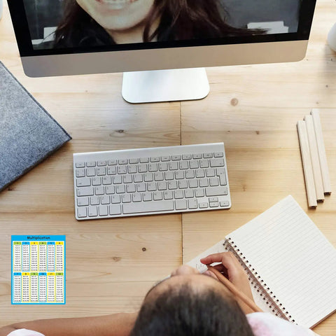 40 Pack Multiplication Chart Stickers For Students, 4 By 5 Inch Desk Size Times Table Sheets on a desk beside a keyboard.