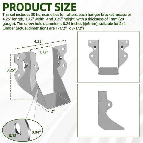 Diagram of 30 Pack 2x4 Joist Hangers And Rafter Brackets Built From 20 Gauge Carbon Steel With Hot Dip Galvanized Finish, showing dimensions.
