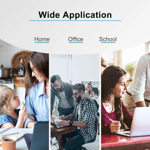 Three images showing diverse settings: home with mother and child, office with colleagues, school with students, under 'Wide Application' text.