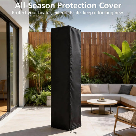 Heavy Duty Tough As Nails Square Patio Heater Cover Waterproof Outdoor Heater Cover With Adjustable Drawstring Fits 62 Inch Tall Propane Heaters Yard Ready Weatherproof Protection installed on patio.