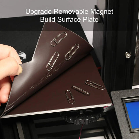 Ready To Ship FDM 3D Printer With Smooth Magnetic Build Plate And Ul Certified Power Supply Loaded With Spare Nozzles And Calibration Tools, close-up of removable magnetic build surface plate.