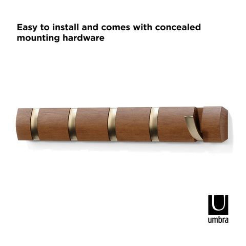 Flip Wall Mounted Coat Rack With Retractable Hooks in light walnut and gold, side view showing concealed mounting hardware.