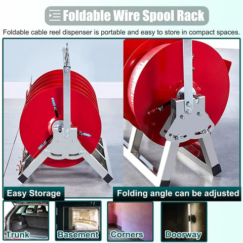 Collapsible Wire Spool Rack Cable Caddy for easy cable storage features stainless steel frame holding red reels