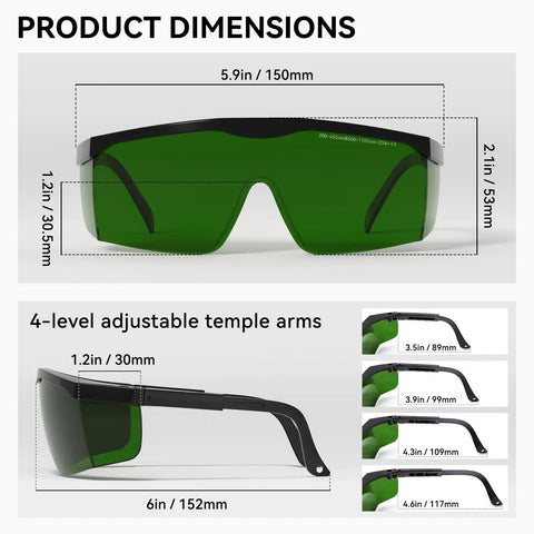 Product dimensions of Heavy Duty Blue Laser Safety Glasses With OD4 Plus Lens Block 400nm To 500nm Wavelengths.