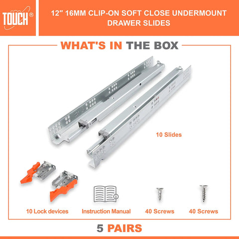 Undermount Drawer Slides With Self Soft Close For 12 Inch Cabinets One Half To Five Eighths Inch Side Panels Concealed Bottom Mount Track 75 Lb Capacity 3D Adjustable Lock Kitchen Drawer Hardware showing slides, lock devices, instructions, screws
