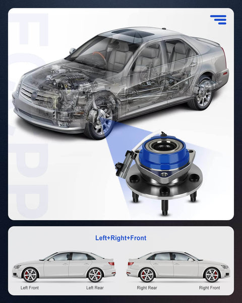 Diagram featuring Front Wheel Hub And Bearing Assembly 513179 Direct Fit OE Quality For GM Front Wheel Drive Vehicles with car illustration.