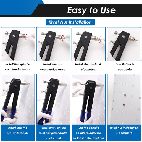 Step-by-step installation of the Beast Rivet Nut Tool Kit With 455Pcs Rivet Nuts And 6 SAE And Metric Mandrels, showing usage on metal
