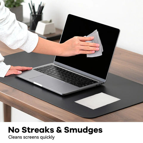 Person cleaning laptop screen with Ultra Soft Microfiber Cleaning Cloths 3 Pack For Eyeglasses, Phones, Screens, Lenses And Delicate Electronics