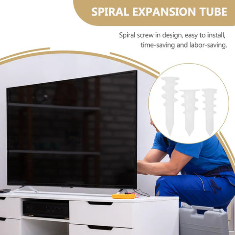 300 Pack Heavy Duty Drywall Anchors Kit next to a mounted TV, featuring spiral design anchors for easy wall mounting.