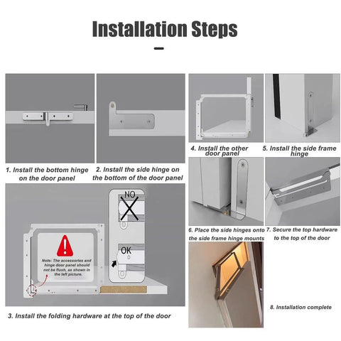 Installation steps for Heavy Duty 180 Degree Folding Door Hinge Kit With Space Saving Hidden Hardware, showcasing hinge placements.