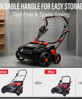 15-Inch 2-In-1 Electric Dethatcher And Scarifier with foldable handle for storage, showing before and after compact sizes.