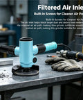 Knockout Four Inch Pneumatic Air Angle Grinder Featuring Non Slip Rubber Auxiliary Handle For Badass Heavy Duty Metalworking Cutting Grinding And Fast Polish Jobs on a workbench.