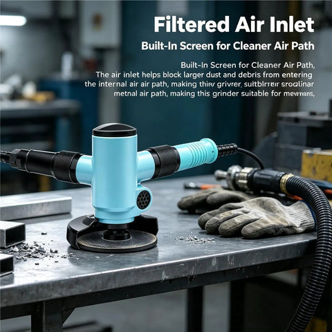 Knockout Four Inch Pneumatic Air Angle Grinder Featuring Non Slip Rubber Auxiliary Handle For Badass Heavy Duty Metalworking Cutting Grinding And Fast Polish Jobs on a workbench.