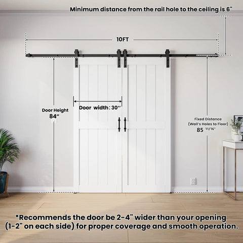 Rock Solid Double Sliding Barn Door 30 By 84 Inches White Primed Mdf And Pvc With Beefy 10 Foot Hardware Kit dimensions and setup details