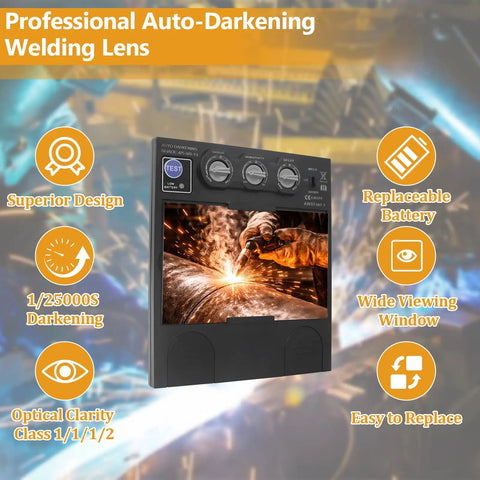Pro Grade Auto Darkening Welding Lens Featuring True Color Tech And Hella Crisp Clarity Shade 4 To 13 Auto Adjustment For Smooth Glare Reduction In A Rock Solid 5.24 X 4.49 Inch Build with settings and a wide viewing area.