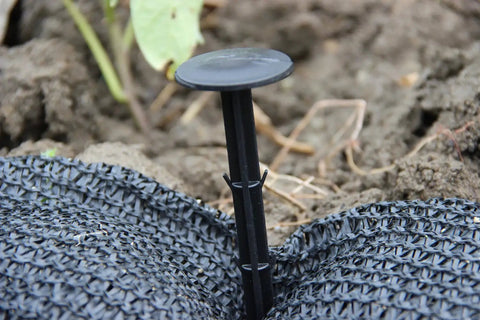 6 inch plastic tarp stake anchoring garden netting on soft ground, part of a 30 pack heavy duty yard stakes set.