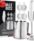 Complete Home Coffee Frother Set With Upgraded Ultra Stand Barista Grade Handheld Milk Foam Maker Mini Blender Whisk Frothing Pitcher Stencils And More Perfect Gift For Lattes Cappuccinos Mochas And Matcha At Home shown with stand, pitcher, and stencils