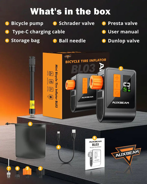 Image showing Tiny Bike Pump With Gauge And Auto Shutoff, 120 PSI On The Go Electric Bicycle Pump For Presta And Schrader Valves.