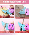 Super Cute Donut Folding Pocket Knife Two Pack Durable Stainless Steel Blades, cutting apple skin and opening boxes.