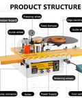 Edge Banding Pro Tool with auto cutting and smart temperature control, showcasing detailed parts and structure layout.