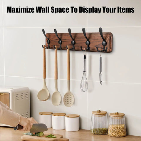 Rustic Wall Mount Coat Rack with Five Triple Hooks organizing kitchen utensils in a farmhouse style setting