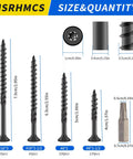 No 10 Deck Screws, 2-1/2 Inch, 65 Pack, dimensions of screws and Torx T25 bit, chrome black epoxy coated, carbon steel