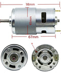 Premium 775 DC Motor Is a Smooth Operator Delivering Bone Crushing Torque at Ten Thousand RPM With Quality Ball Bearings Runs Flawless on 12 or 24 Volts for Real World DIY Fixes and Gear Mods dimensions shown from multiple angles with shaft size.