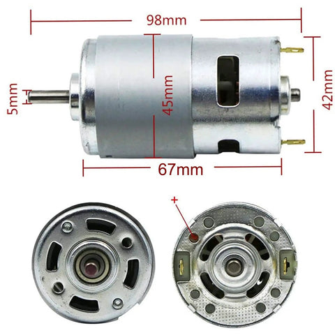 Premium 775 DC Motor Is a Smooth Operator Delivering Bone Crushing Torque at Ten Thousand RPM With Quality Ball Bearings Runs Flawless on 12 or 24 Volts for Real World DIY Fixes and Gear Mods dimensions shown from multiple angles with shaft size.