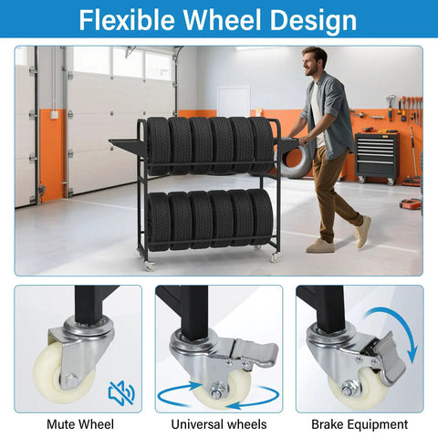 Ultimate Garage Game Changer Heavy Duty Tire Storage Rack with flexible wheels and multiple tires organized in garage.