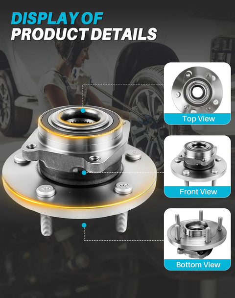 Two Piece Front Wheel Bearing Hub Assembly Set Compatible With Dodge Journey 2009 To 2020 displaying top, front, and bottom views.