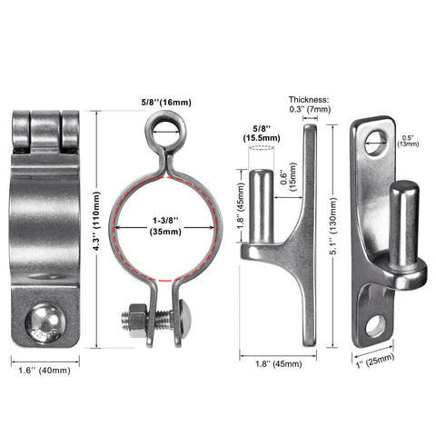 304 Stainless Steel Gate Hinges Two Pack Heavy Duty One And Three Eighths Inch Pipe Hinge With Five Eighths Inch Pin Wall Mount