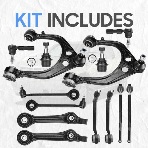 14 Piece Front Suspension Rebuild Kit With Upper Lower Control Arms Ball Joints Tie Rods And Sway Bar Links, black steel parts arranged.