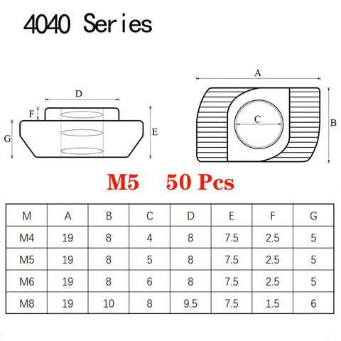 Built Strong 50Pack M5 TSLOT Nuts For Aluminum Extrusion Systems diagram showing dimensions and specifications.