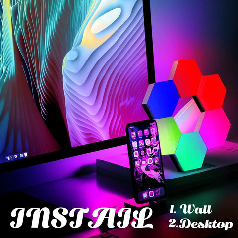 Remote Control Hexagon Wall Light Kit Smart Wall Mounted Touch Sensitive Geometric Modular RGB LED Panels displayed on desktop.