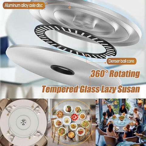 Extra Large Round Glass Lazy Susan Turntable with aluminum alloy axle and smooth 360° rotation for kitchen use.