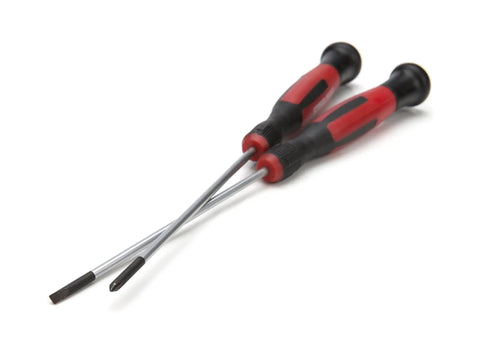 Straight Up Precision Electronics Screwdriver Set That Delivers Six Premium S2 Steel Tool Bits With Reliable Swivel Magnetic Heads For Fast Phillips Slotted Fixes And Everyday Handyman Jobs. Red and black handled screwdrivers with fine tips.