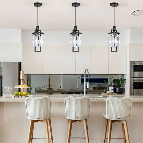 Modern Black Pendant Light Fixtures Set For Kitchen Island And Dining Room Dope Sleek Industrial Small Hanging Crystal Chandeliers 3 Pack