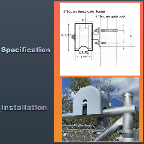 Specifications and installation of Heavy Duty Nylon Cantilever Sliding Gate Rollers Fits 4 Inch Posts And 2 Inch Chain Link Frames.