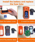 Steps for installing battery and replacing fuse on Versatile Digital Multimeter Tester for Home Auto and Industrial Use.