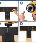 Rock Solid Heavy Duty T Shape Post Brackets With 56 Screws And Socket Nuts For Wood Fence Repair And Pergola Beam Connection Flat Mending Plates Steel Framing Assembly installation steps with screws and drill.