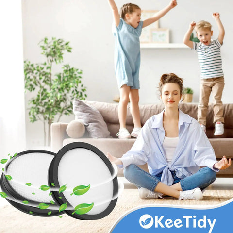 Woman meditating on couch with Replacement Vacuum Filters For Hoover Windtunnel 3 Pro Pet Hair Bagless and children playing