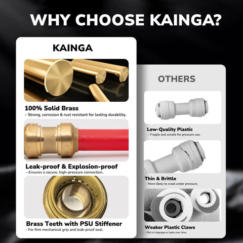 Comparison of solid brass and plastic push-to-connect fittings showing durability and strength benefits for plumbing.