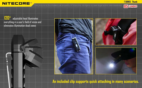 85 Lumens USB Rechargeable Keychain Light With Tiltable Head and Clip attached to clothing and gear in various scenarios