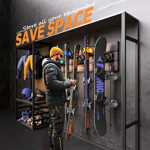 Man retrieving skis from a Badass Ski And Snowboard Wall Rack for space-saving garage storage with rubber pads.