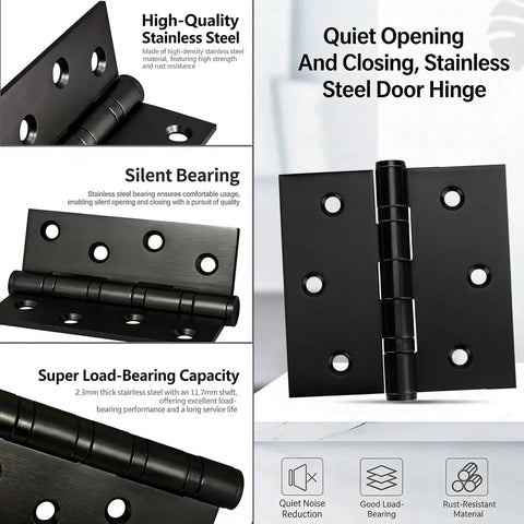 Top Shelf Black Three Point Five Inch Stainless Steel Door Hinges Built Tough showing silent bearing and rust-resistant features.