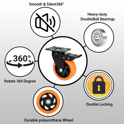 Heavy Duty 4 Inch Caster Wheels Set Of 4 With Locking Brakes And Smooth 360 Swivel Action showcasing durable polyurethane wheel and double locking mechanism.