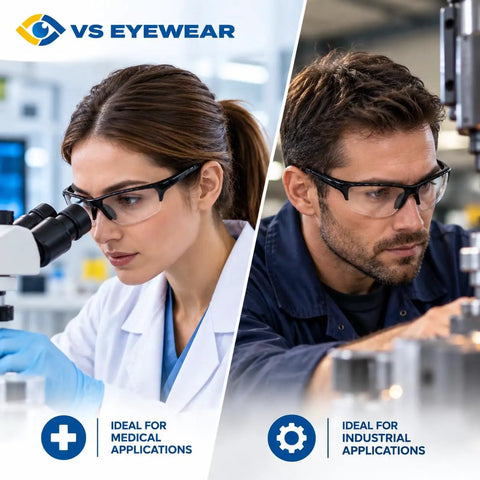 Badass Laser Safety Glasses With Co2 Excimer Filter Black Semi Rimless Wrap Around Frame worn in laboratory and industrial settings.