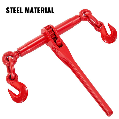 Built Tough Heavy Duty Chain Binder Kit With Swivel G70 Hooks Fits 3/8 To 1/2 Inch Grade Seven Links 9215 Lbs showing red steel ratchet and hooks.