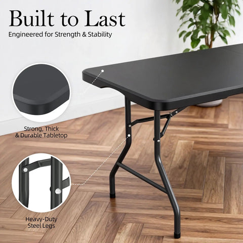Close-up of Six Foot Folding Table With Carrying Handle That's Built Tough For Indoor And Outdoor Parties, focusing on tabletop and legs.